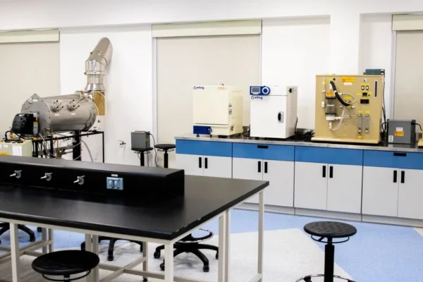 Interior view of a high-tech laboratory with cutting-edge equipment and furniture.
