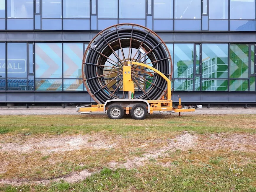 A large industrial cable reel on a trailer parked outside a modern glass building in Amsterdam.