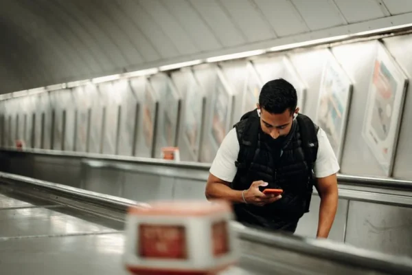 A young man focused on his smartphone, descending an escalator in the London Underground.