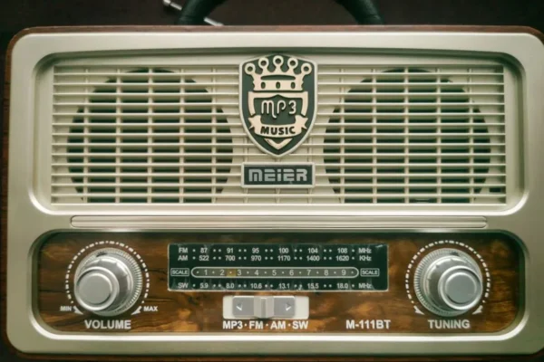Close-up of a Meier radio blending retro style with modern features like MP3 capability.